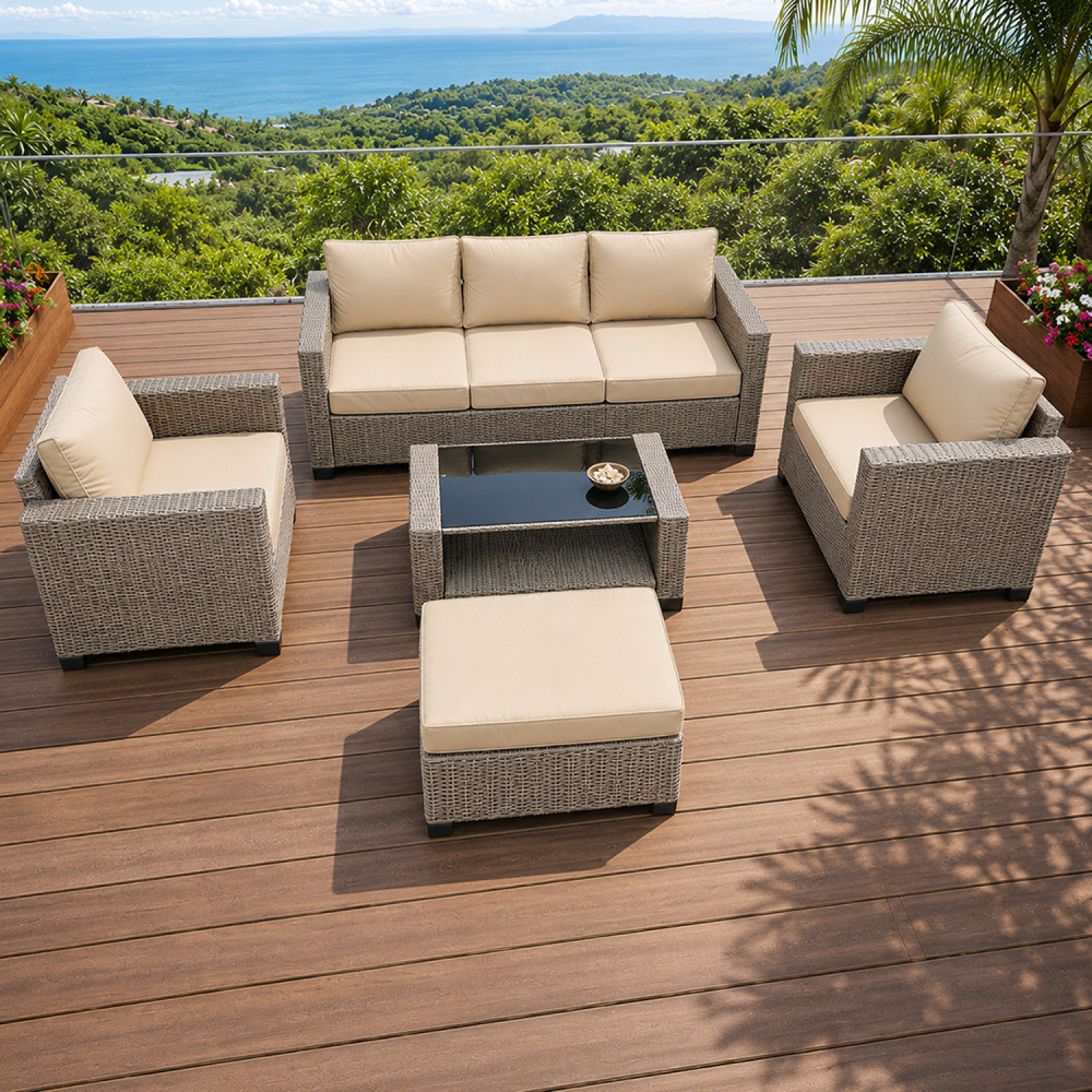Salon de jardin 6 places modulable en résine tressée gris et beige marabo
