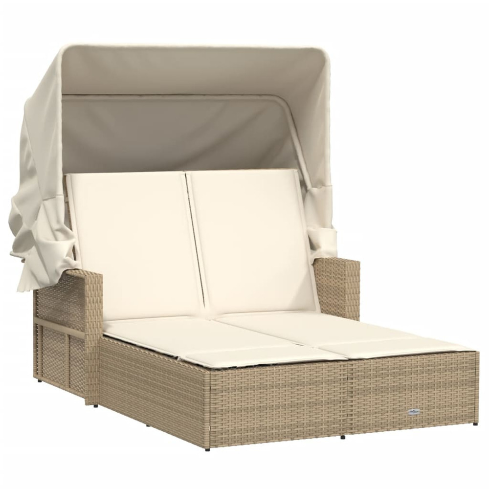 Chaise longue double avec auvent et coussins beige poly rotin bain de soleil