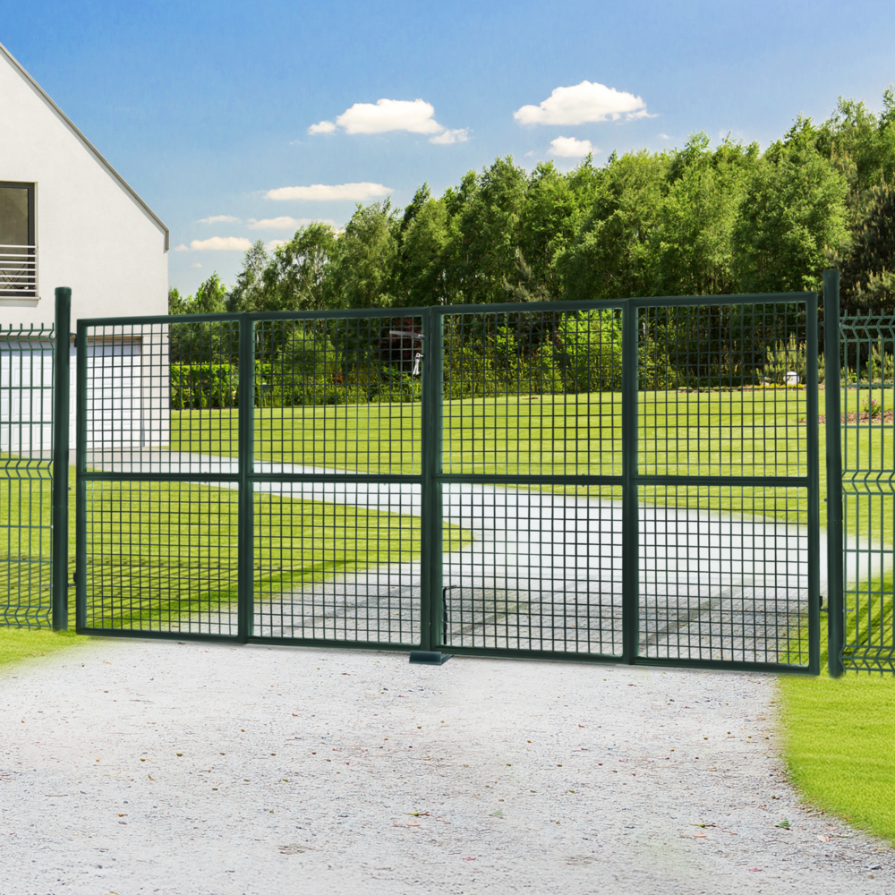 Portillon de jardin double porte 315 x 150 cm en acier vert avec serrure et poignée