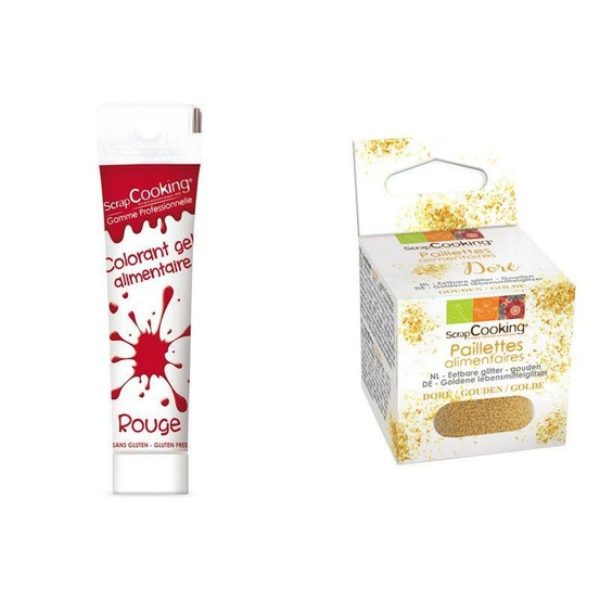 Gel colorant alimentaire rouge 20 g + paillettes dorées