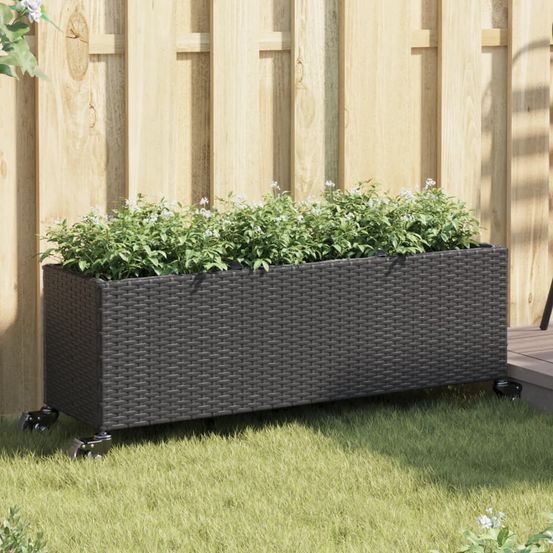 Lot de 2 jardinières sur roulettes résine tressée 3 pots pour terrasse mobile 107x32x38 cm noir