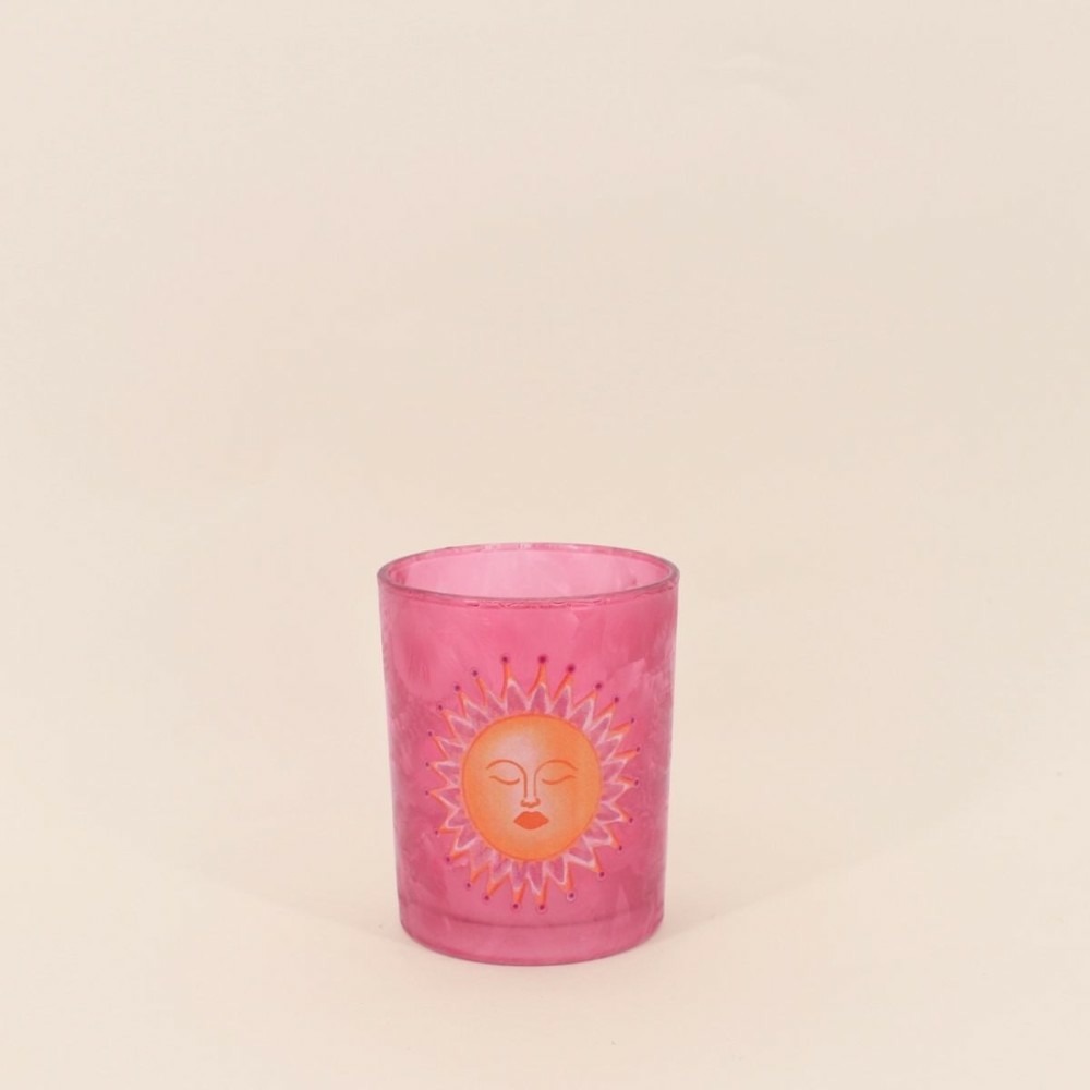 Photophore soleil en verre rose 12cm