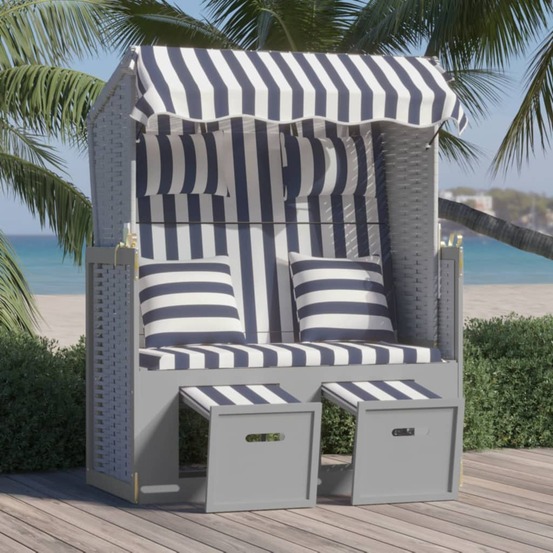 Strandkorb avec coussins résine tressée bois solide bleu blanc