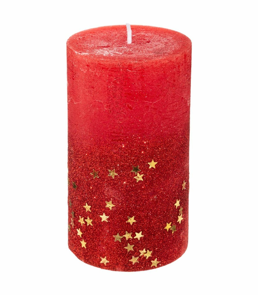 Bougie rouge pailletée et étoilée h 12 cm 340 g