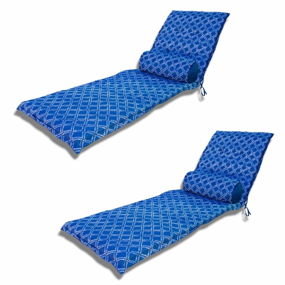 2 coussins pour chaise longue et traversin 195x60x5cm motif nautique bleu