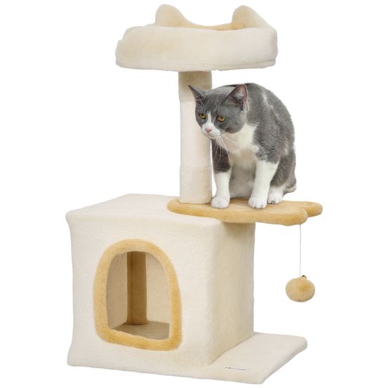 Petit arbre à chat bois peluche salon repos et grattoir 40x30x72cm beige