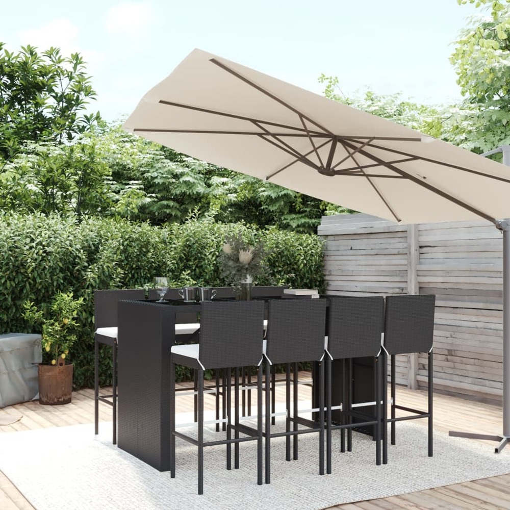 Ensemble de bar de jardin 9 pcs avec coussins noir poly rotin