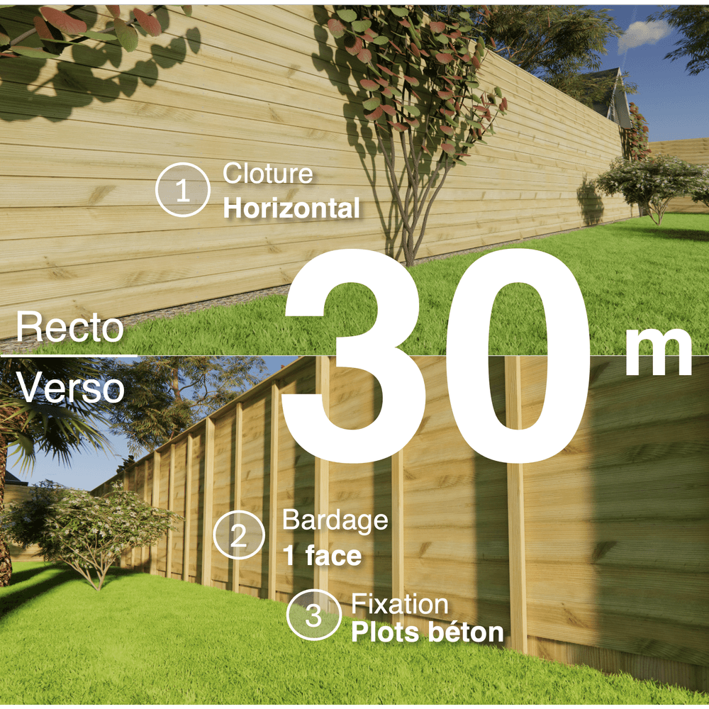 Kit clôture bois moderne 30m – h 2,3m – 21 x 130 mm autoclave vert – pose horizontal – simple face – à sceller