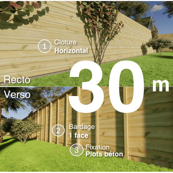 Kit clôture bois moderne 30m – h 2,3m – 21 x 130 mm autoclave vert – pose horizontal – simple face – à sceller