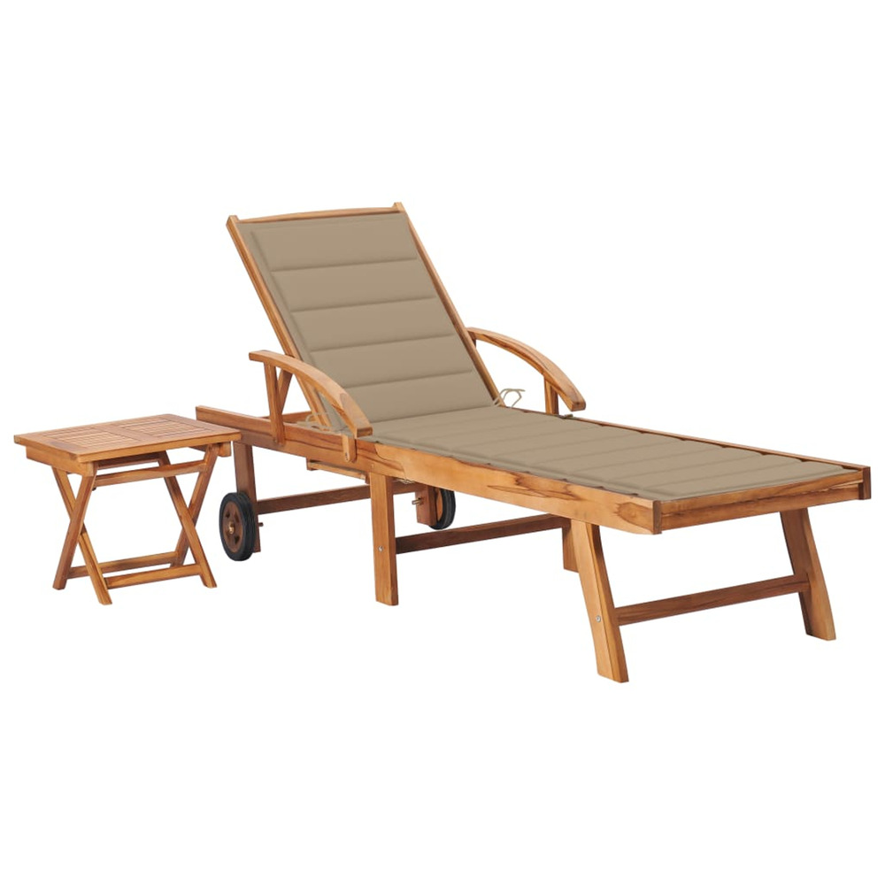 Chaise longue avec table et coussin bois de teck solide bain de soleil
