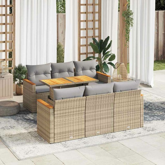 Salon de jardin avec coussins 7 pcs beige résine tressée acacia