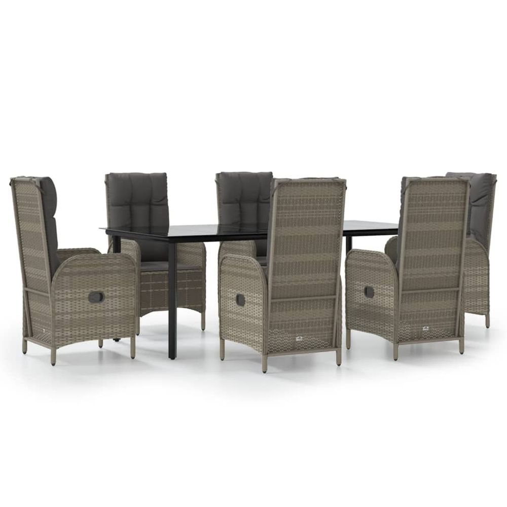Ensemble à manger jardin et coussins 7 pcs noir et gris rotin