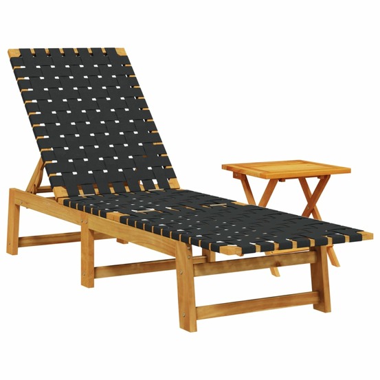 Chaises longues avec table noir bois d'acacia solide et tissu