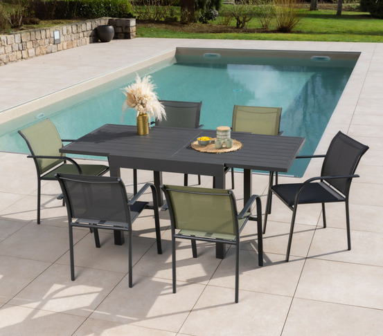 Ensemble table et chaises de jardin - 6 places - gris anthracite et vert sauge - honfleur beziers