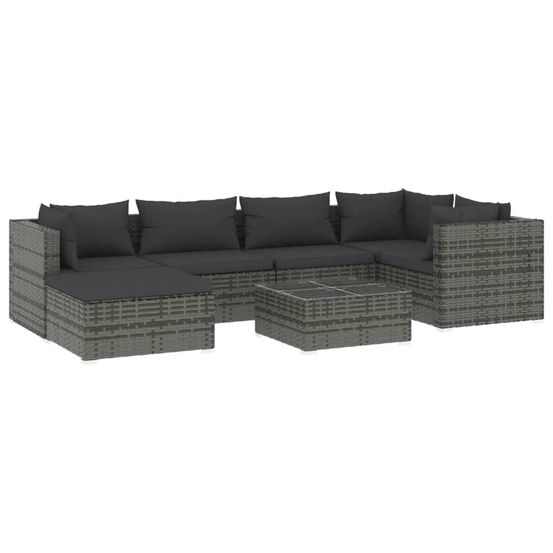 Salon de jardin 7 pcs avec coussins résine tressée gris