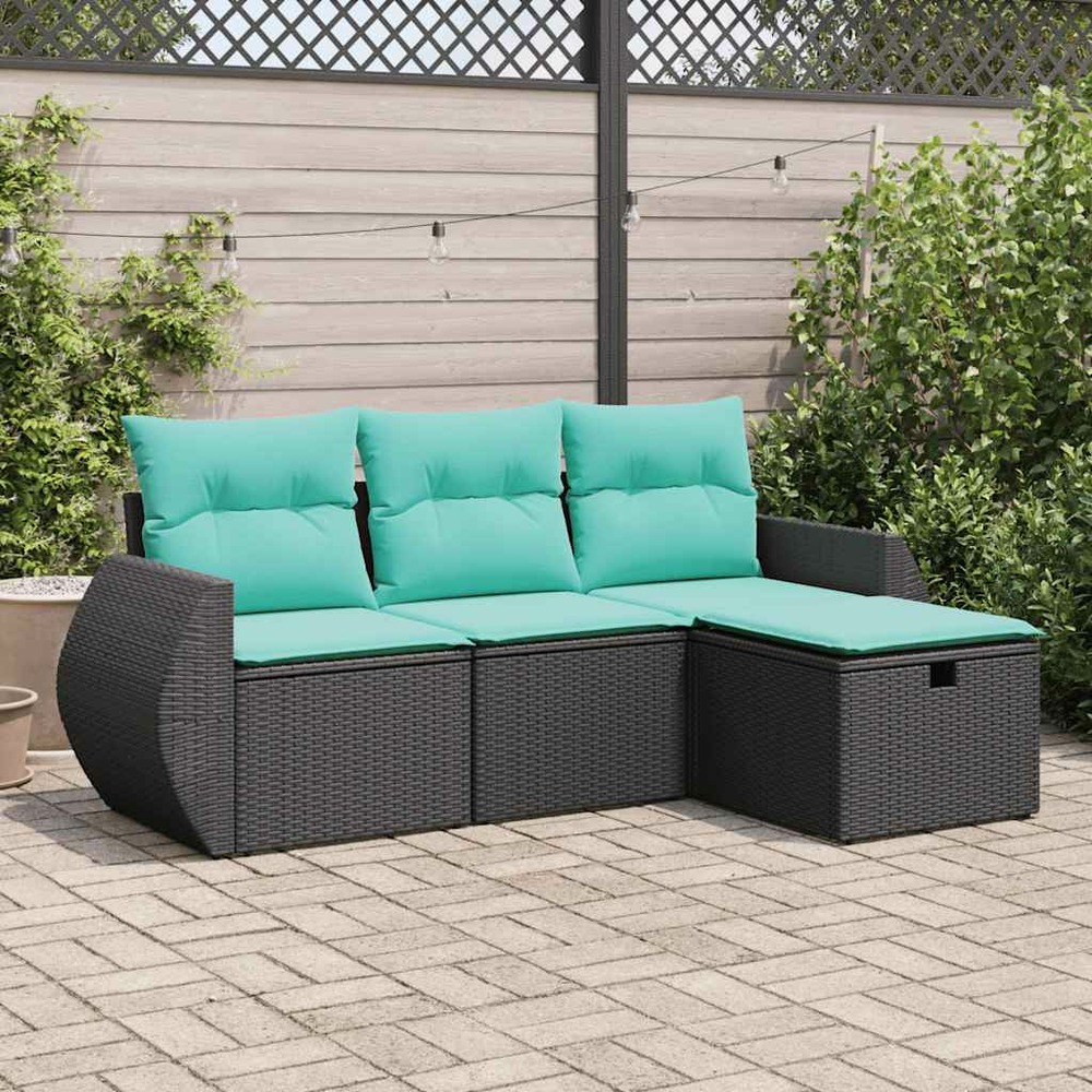 Salon de jardin 4 pcs avec coussins noir résine tressée