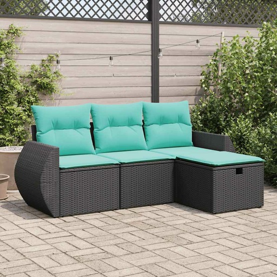 Salon de jardin 4 pcs avec coussins noir résine tressée