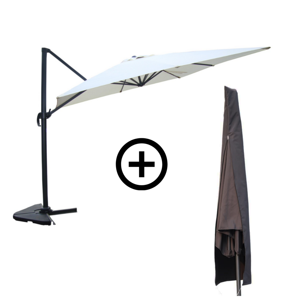 Parasol rectangulaire 3x4m déporté rotatif écru avec housse cesare