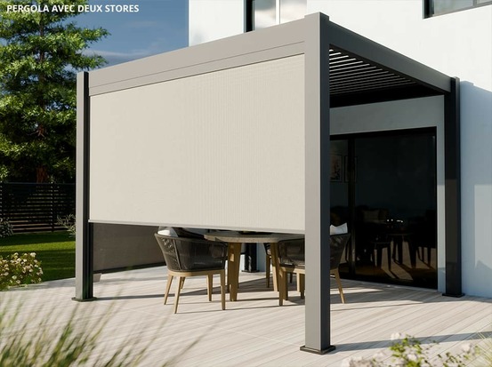Pergola bioclimatique aluminium autoportée 9m² - 3x3 m deux stores 3m inclus - 19 lames aluminium inclinables a 90 degrés - aurora