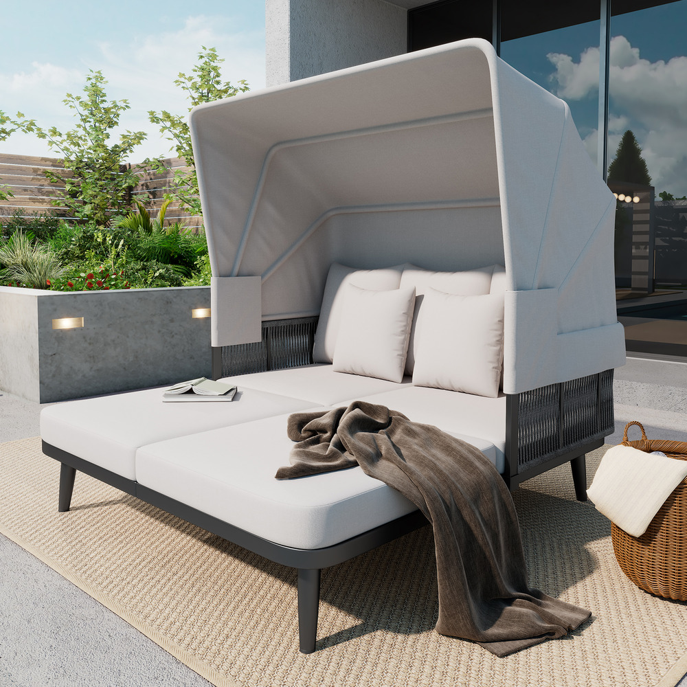 Chaise longue de plage, transat de jardin pour 2 personnes, avec auvent rétractable, structure en acier galvanisé, grise