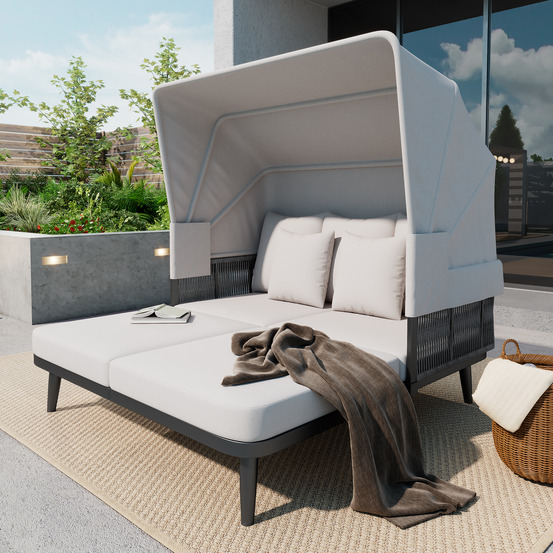 Chaise longue de plage, transat de jardin pour 2 personnes, avec auvent rétractable, structure en acier galvanisé, grise