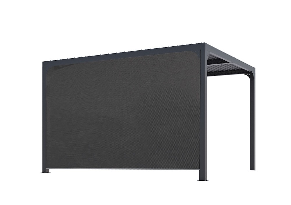Pergola bioclimatique autoportante - aluminium thermolaqué - lames orientables - rideau latéral - 10,80 m²