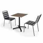 Ensemble table de jardin stratifié et 2 fauteuils en métal gris