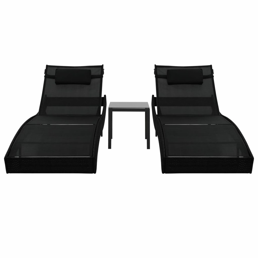 Chaise longue 2 pcs et table résine tressée et textilène noir