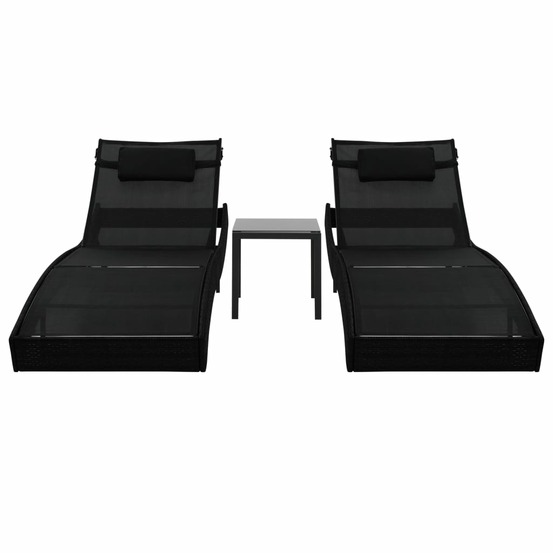 Chaise longue 2 pcs et table résine tressée et textilène noir