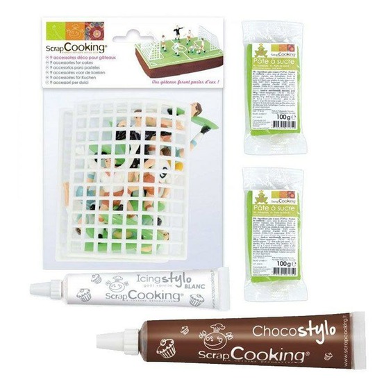 Coffret décor et pâte à sucre pour gâteau terrain de football + 1 stylo chocolat