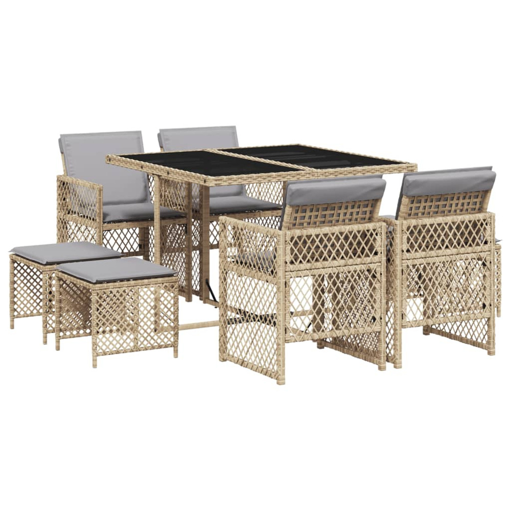 Ensemble à manger de jardin et coussins 9 pcs beige poly rotin