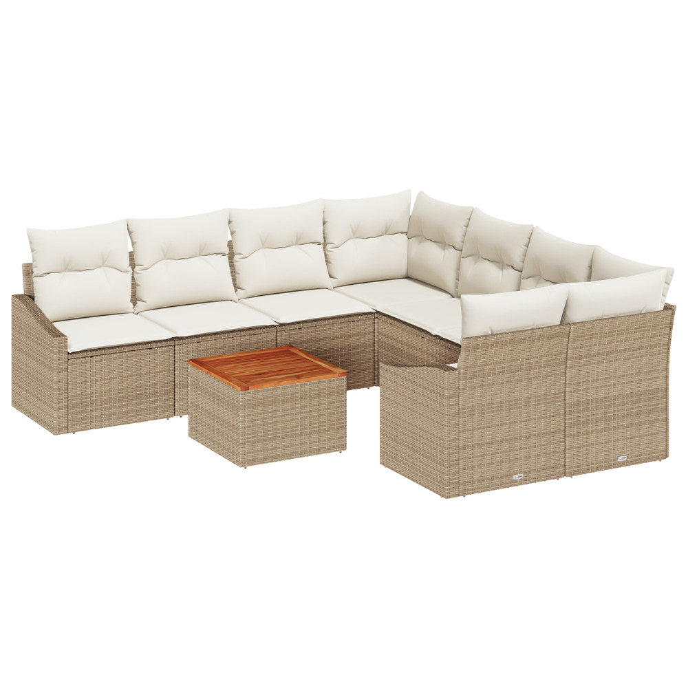 Ensemble canapé de jardin 9 pièces avec coussins beige poly rattan acacia