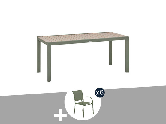 Table de jardin rectangulaire alu evasion 6 places effet bois lin et laurier + 6