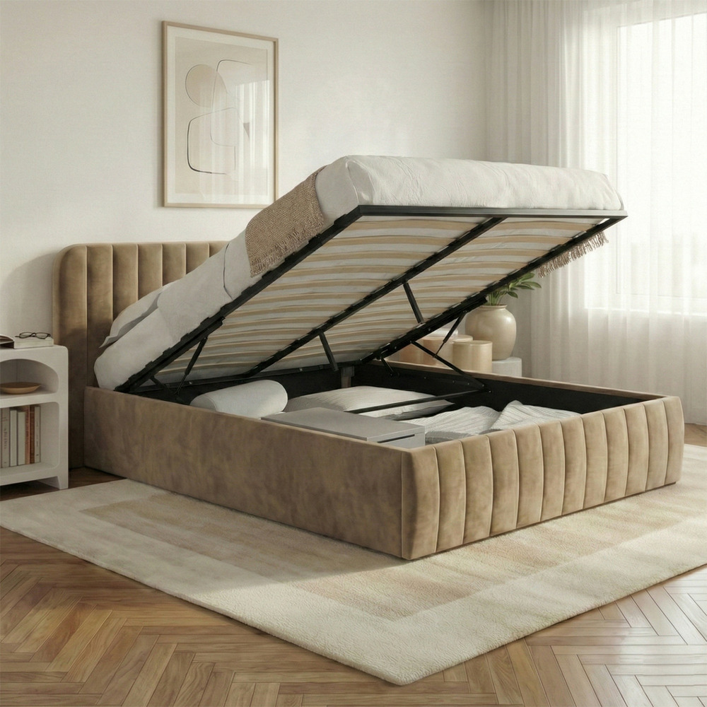 Lit coffre double alba avec tête de lit et sommier 140 x 190 cm velours taupe