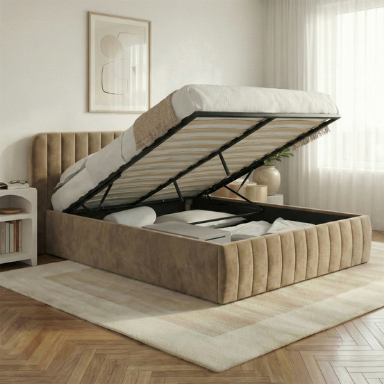 Lit coffre double alba avec tête de lit et sommier 140 x 190 cm velours taupe