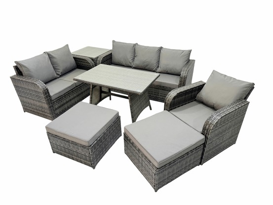 7 pcs ensemble de canapés en rotin salon de jardin avec table à manger fauteuil 2 grand tabourets table d'appoint gris foncé mixte