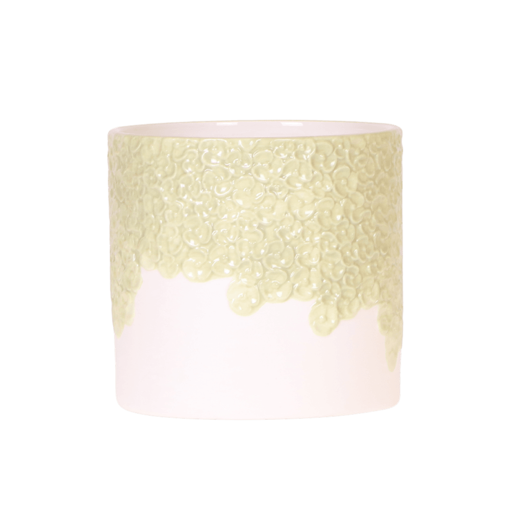 Cache-pot céramique en relief floral - courbes douces et coloris tendres - pot de 12cm - vert