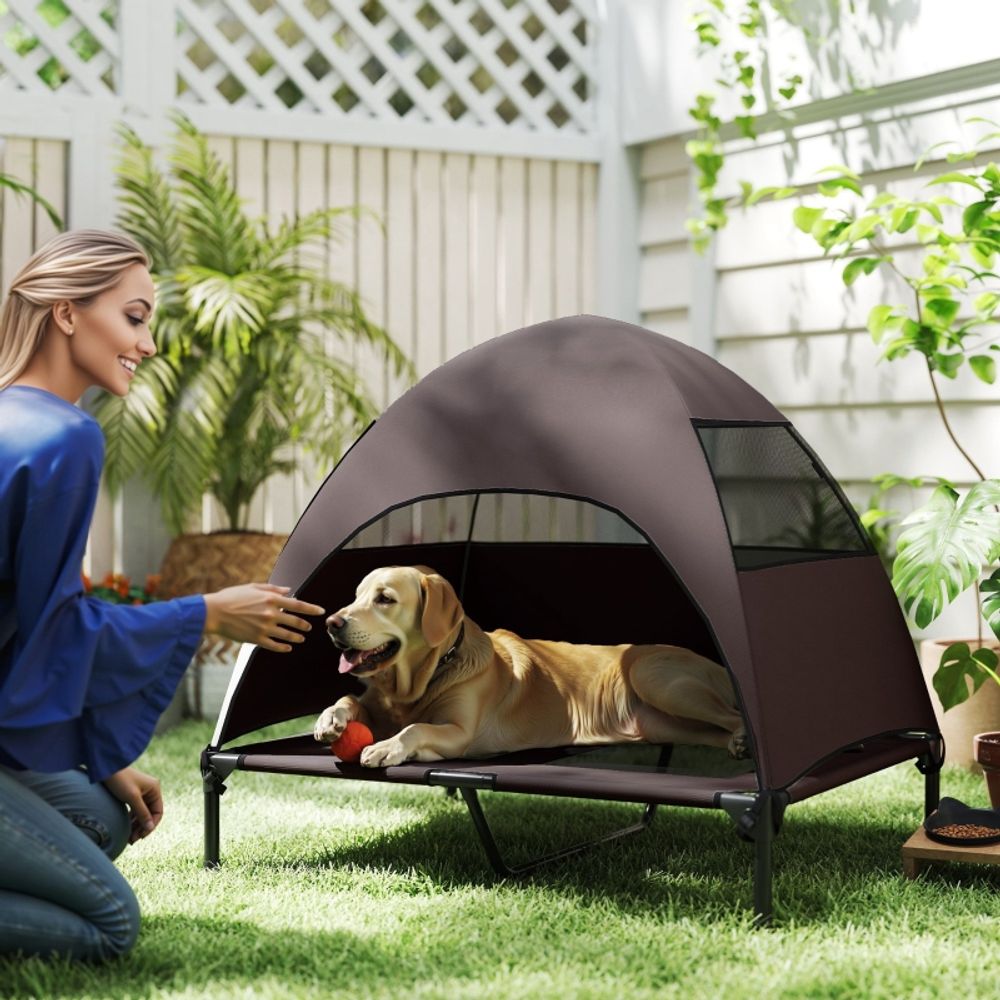 Lit chien surélevé toit pare-soleil 91x76cm café acier extérieur - comfortxl pet living