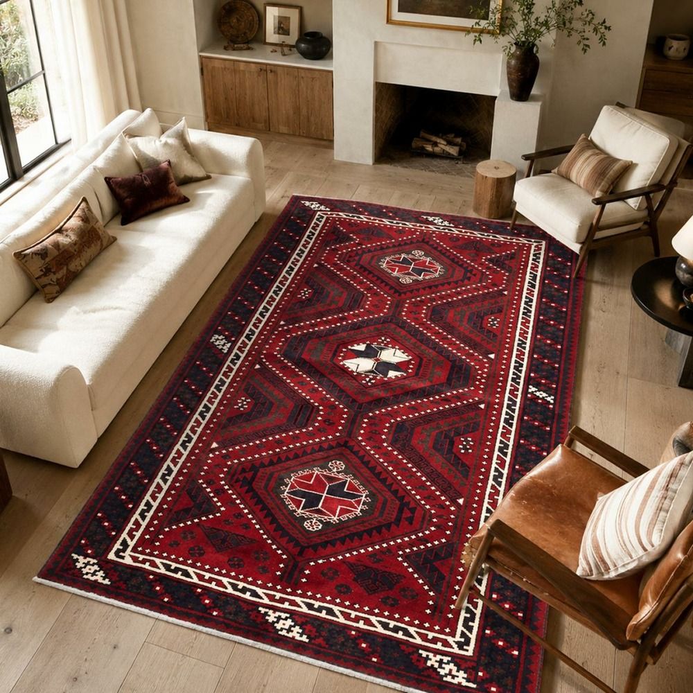 Tapis d'orient 170 x 265 cm, noué main en laine, rouge, crème et noir, lori 5