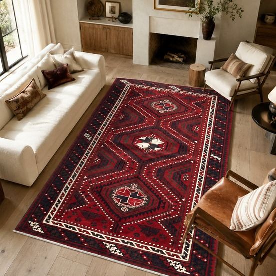 Tapis d'orient 170 x 265 cm, noué main en laine, rouge, crème et noir, lori 5