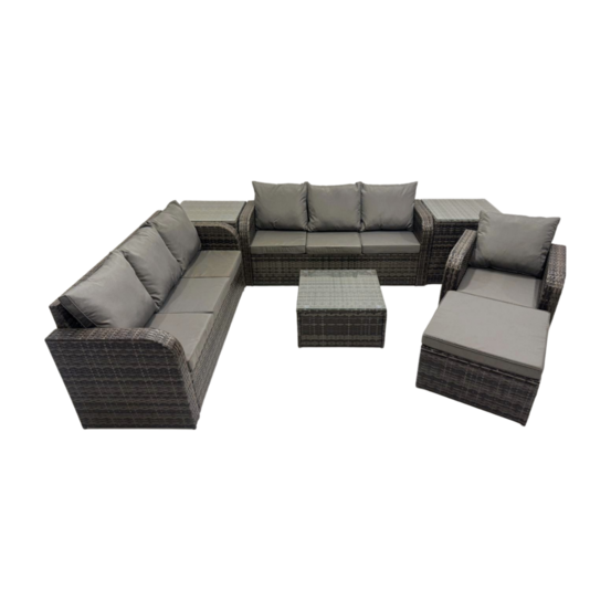 Salon de jardin exterieur avec canapés table basse carrée chaise inclinable 2 tables d'appoint grand tabouret gris foncé mixte