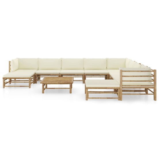 Salon de jardin 11 pcs avec coussins blanc crème bambou