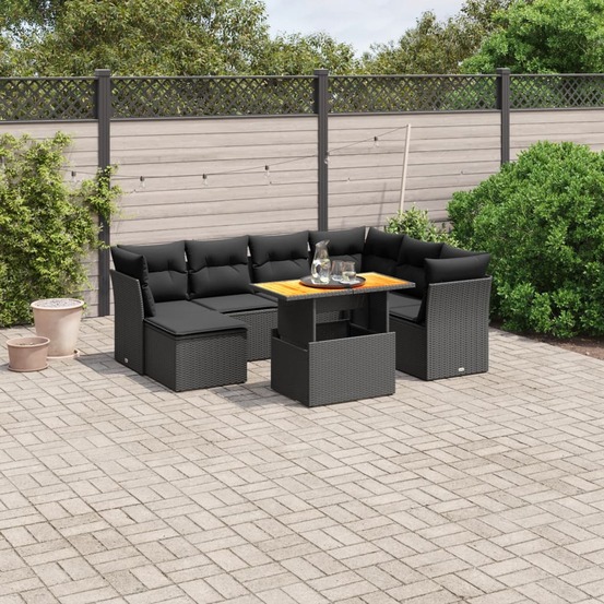 Salon de jardin 8 pcs avec coussins noir résine tressée