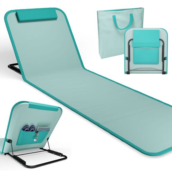 Transat de plage confortable turquoise 165cm dossier réglable et coussin pour la tête sac inclus