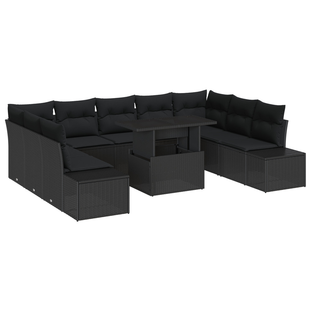 Ensemble de canapé de jardin 10 pièces avec coussins en poly rattan noir