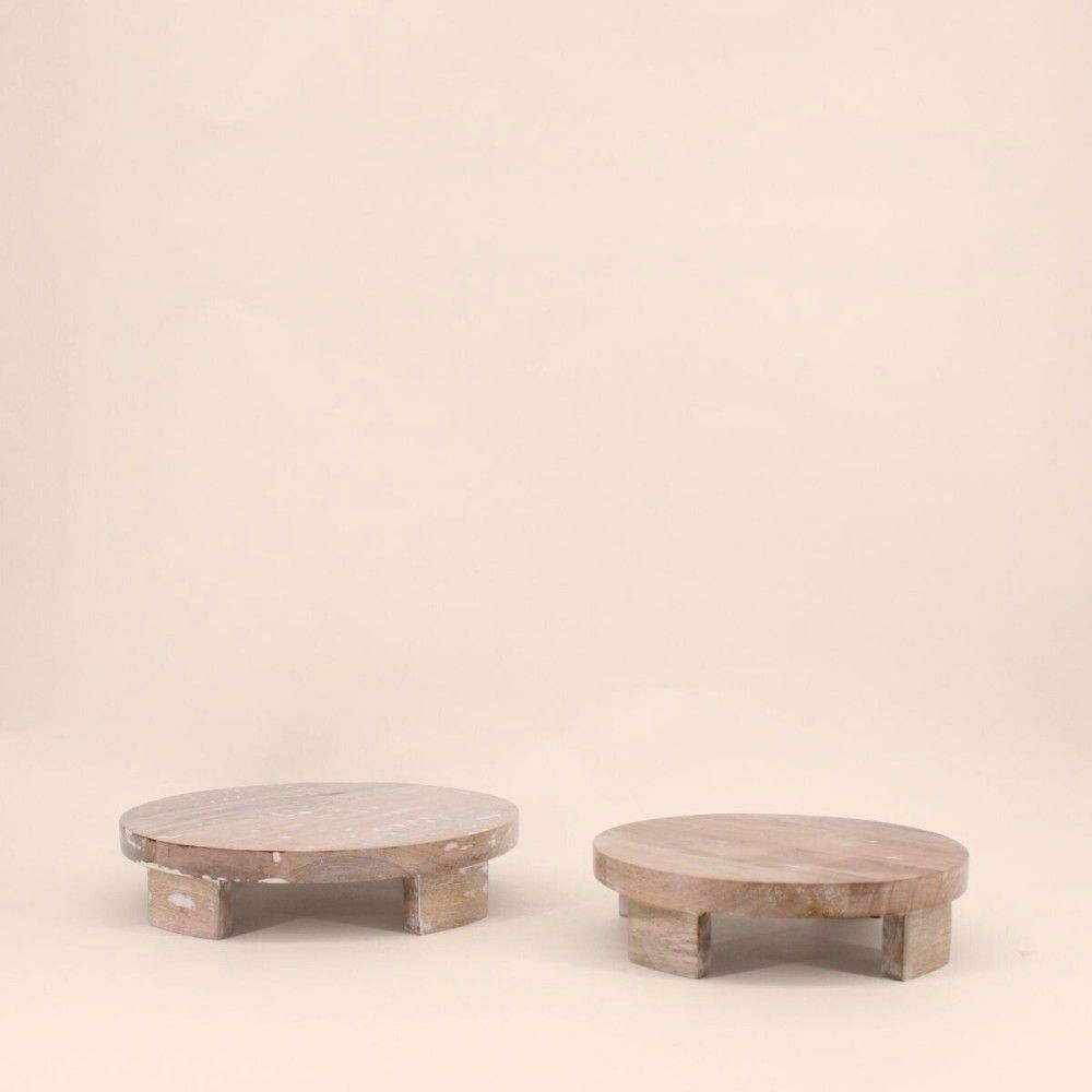 Set de 2 plateaux ronds en bois sur pieds