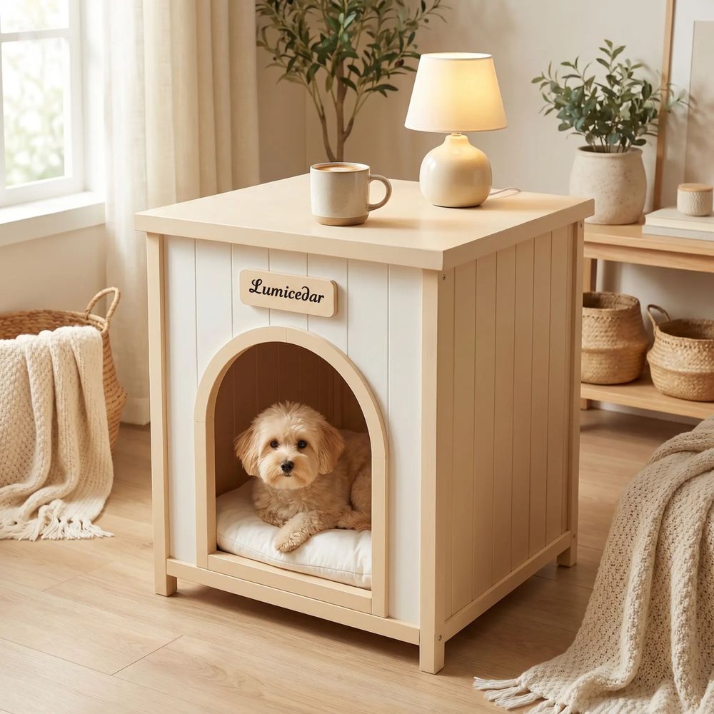 Niche pour chien bois massif 53 x 51,6 x 60 cm blanc crème table d’appoint intérieur