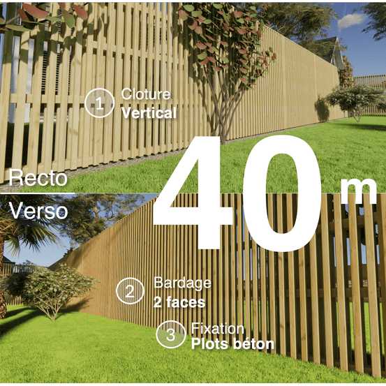 Kit clôture bois moderne 40m – h 2,3m – 45 x 45 mm autoclave – pose vertical – double face – à sceller
