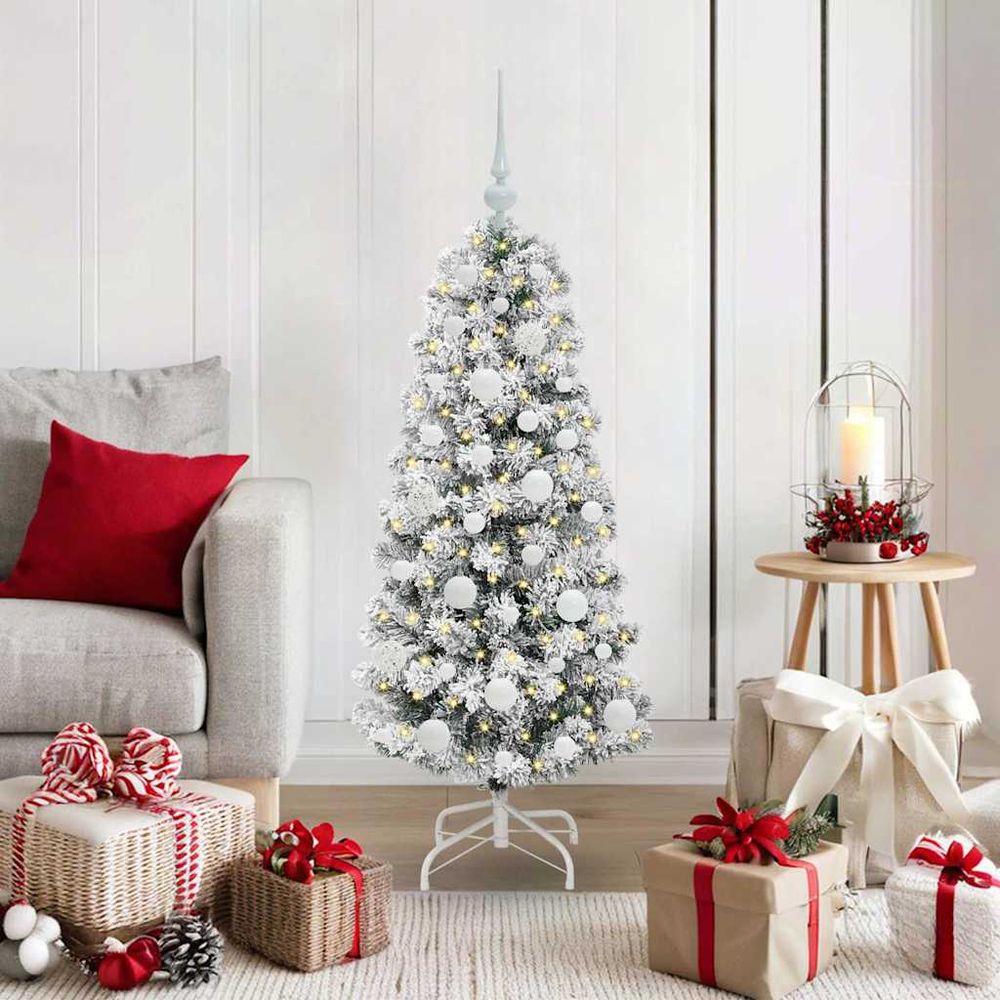 Sapin de noël pvc 120 cm avec lumières led 8 modes et kit de 61 boules décoratives vert
