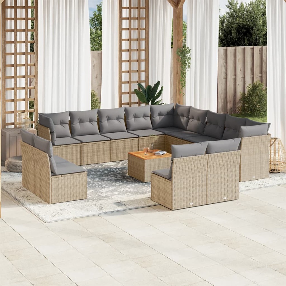 Salon de jardin avec coussins 14 pcs beige résine tressée